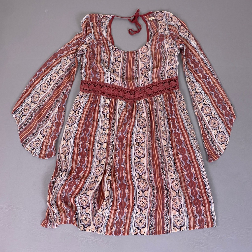 Hollister Dress Women's‎ Size Medium Boho Bell Sleeve Paisley Rust Crochet Lace